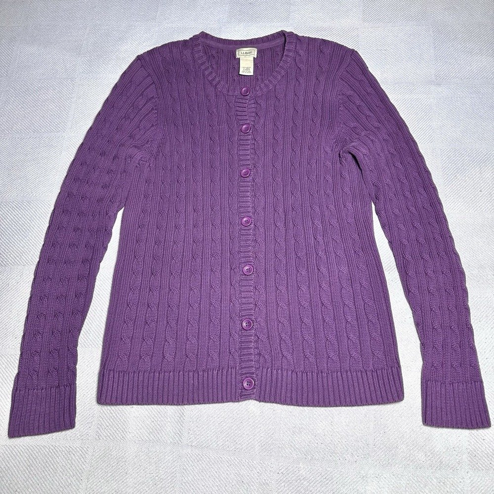 LL Bean Cable Knit Cardigan Sweater Womens‎ Large Purple Cotton Cottagecore